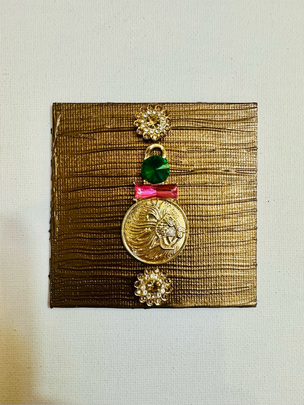 Handmade 3x3 Mixed Media Magnet Gold Lion Jewel Art